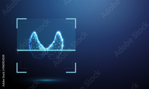3d blue human thyroid gland inside digital scanning frame. Endocrine examination, gland function analysis, nodule detection, hormone regulation assessment, endocrine system evaluation concept