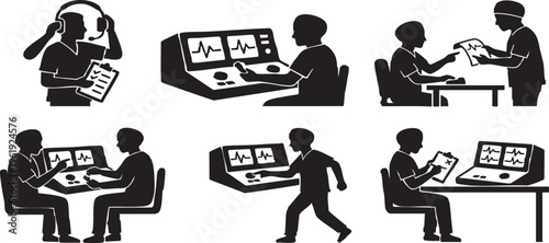 Vector Silhouette of Telemetry Nurse Monitoring Cardiac Traces on Multiple Screens
