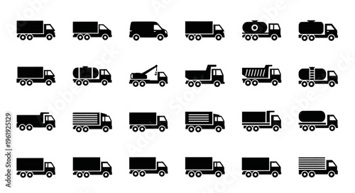 Collection of Truck Icons: Delivery, Cargo, Tow, Tanker, and Semi-Truck Silhouettes