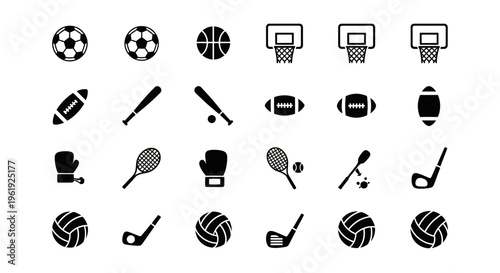 Sports Equipment Icons: Collection of Diverse Athletic Gear and Balls