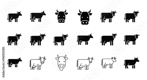 Cow Icons Set: Diverse Cattle Silhouettes and Line Art for Livestock and Farming