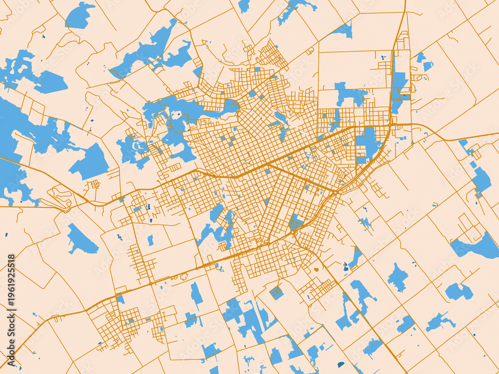 Fototapeta premium Street map of Obera, Argentina in gold and blue map palette