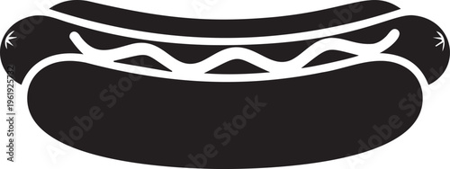 Black silhouette of a hot dog with mustard in a bun, isolated food item for graphic design.