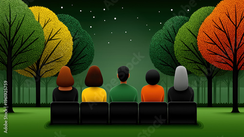 People sitting on bench watching stars in park peaceful night landscape concept