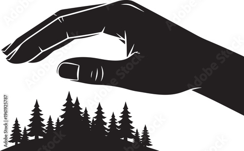 Hand protecting forest trees vector illustration, ecological environment conservation, nature saving concept, global ecosystem protection
