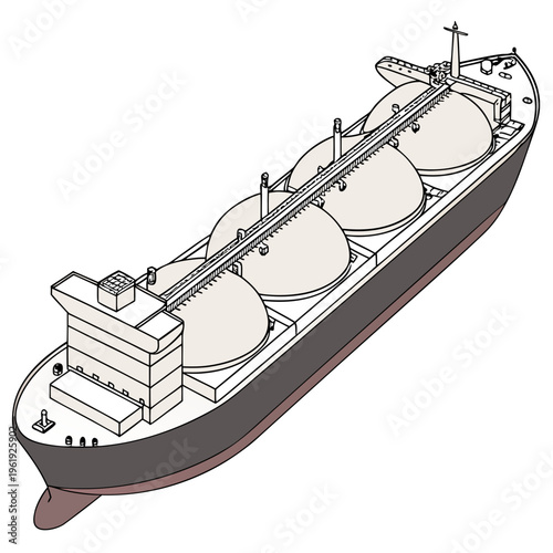 Vector illustration of a large cargo ship with four spherical tanks on deck