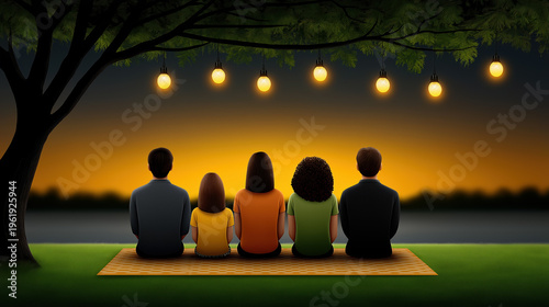 Group of friends sitting on blanket under glowing lights watching sunset together friendship and evening relaxation concept