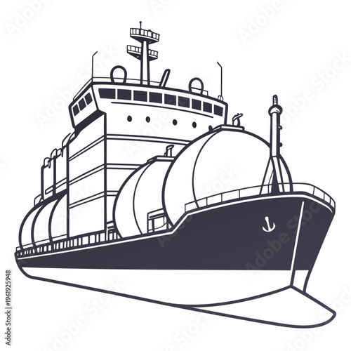 A large cargo ship with a dark hull and white superstructure featuring multiple tanks on deck