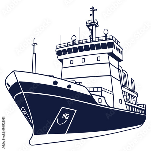 A large cargo ship or freighter boat with a dark blue hull and white superstructure