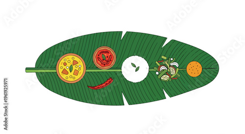 Flat lay of traditional Tamil New Year food arranged on a green leaf with various colorful dishes and condiments on a clean white background.