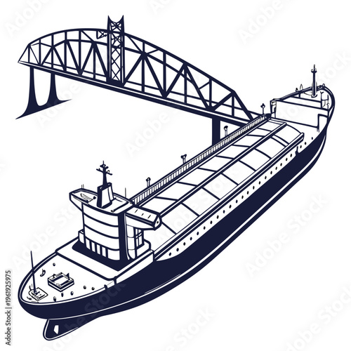 Illustration of a large cargo ship or barge under a steel bridge