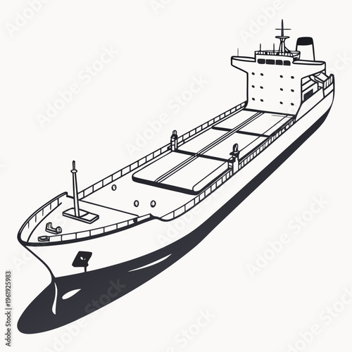 Black and white illustration of a large cargo ship or tanker