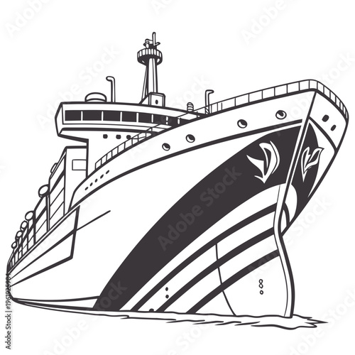Black and white illustration of a large ship or cruise liner with a distinctive bow design