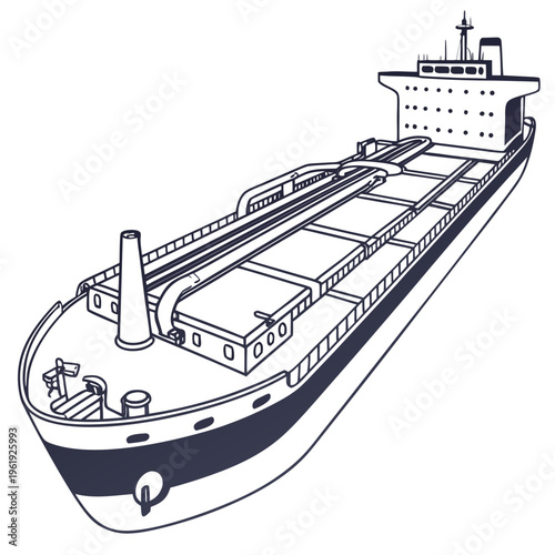 Vector illustration of a large cargo ship or tanker with a dark blue hull and white superstructure