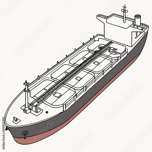 Detailed illustration of a large cargo ship with a red and gray hull and white deck