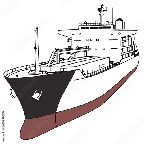 A large cargo ship with a black and white hull and a red bottom
