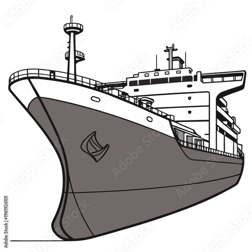 A large cargo ship or tanker with a prominent bow and superstructure