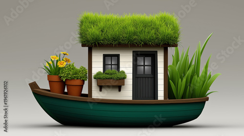 Tiny eco house with grass roof and plants placed in boat sustainable living and green home concept