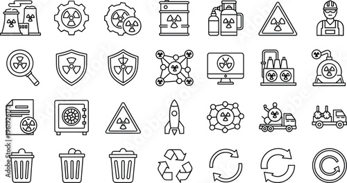 Nuclear safety and radioactive hazard outline icon set featuring radiation warning waste disposal protection editable minimal vector collection