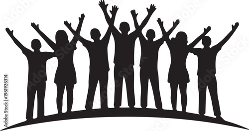 A group of people standing on a hill with their arms raised in celebration and unity