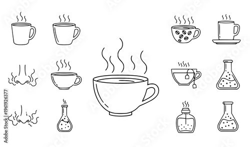 A collection of steaming hot beverage icons and laboratory equipment illustrations