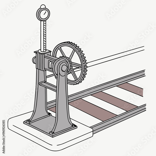A line drawing of an oldfashioned metal device with a gear and wheel on a base with a railroad track