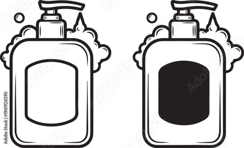 Black and white illustration of two soap dispensers with one filled with soap