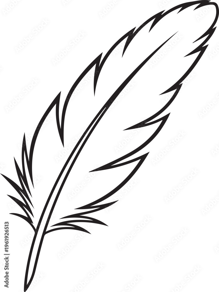 Fototapeta premium A black and white illustration of a single feather with detailed quill and barbs on a plain background