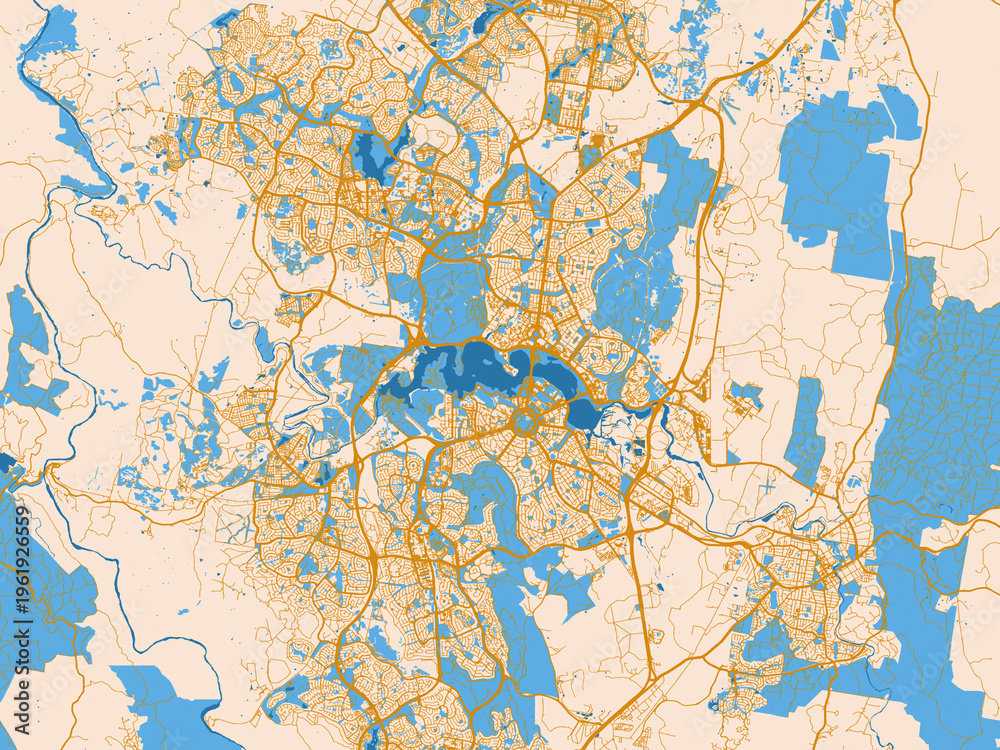 Naklejka premium Minimal city map of Canberra, Australia with golden linework with blue water