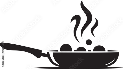 Frying pan with bubbling food and steam vector isolated on transparent background for kitchen and restaurant concepts.