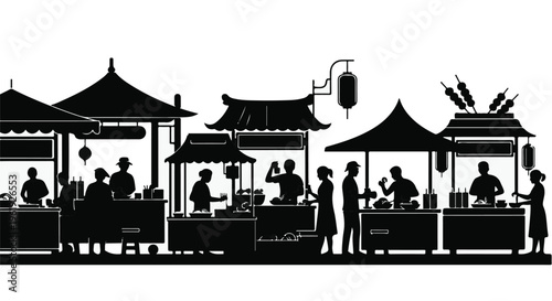 Silhouetted people enjoying food stalls at a vibrant outdoor market at night