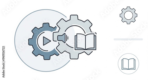 Educational Content Creation with Gears, Play Button, Speaker, and Book.