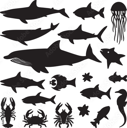 Collection of ocean creatures silhouettes including fish sharks and sea animals