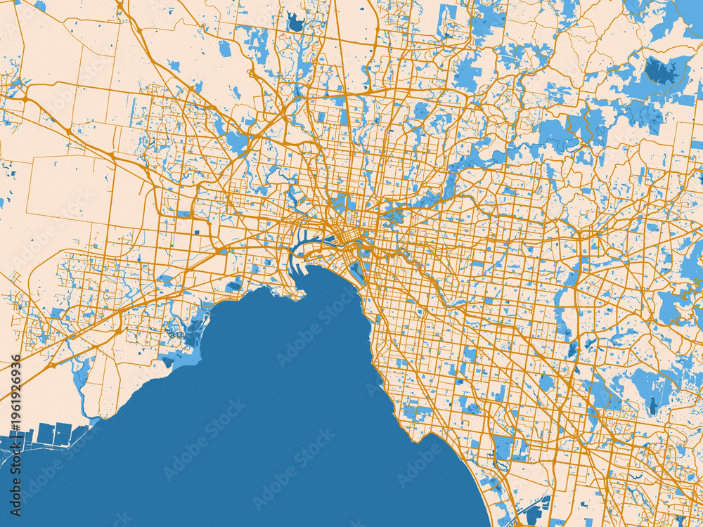 Obraz premium Minimal city map of Melbourne, Australia with gold and blue map palette