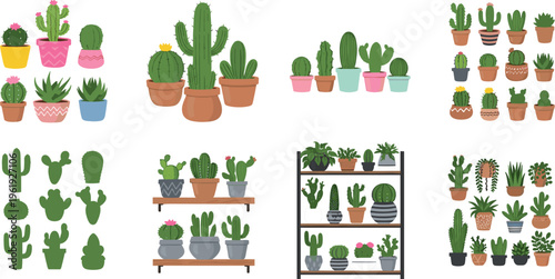 Cactus and succulent plants collection in pots with home decor arrangements, indoor botanical set for modern interior design, houseplants vector illustration bundle