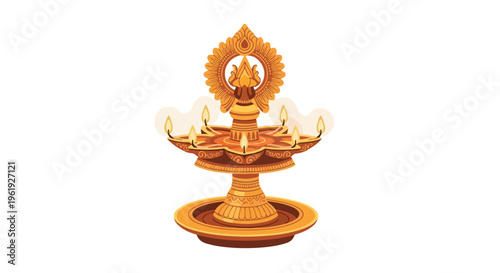 A traditional golden diya lamp with multiple wicks and a decorative top, used for lighting during Tamil New Year celebrations, against a plain white background.