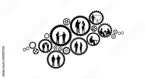 Diverse team collaborating within interconnected gears, symbolizing synergy and teamwork