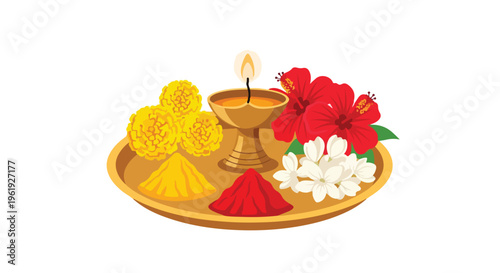 Illustration of a traditional Tamil New Year pooja thali with flowers, diya, and turmeric powder on a decorative plate against a white background.