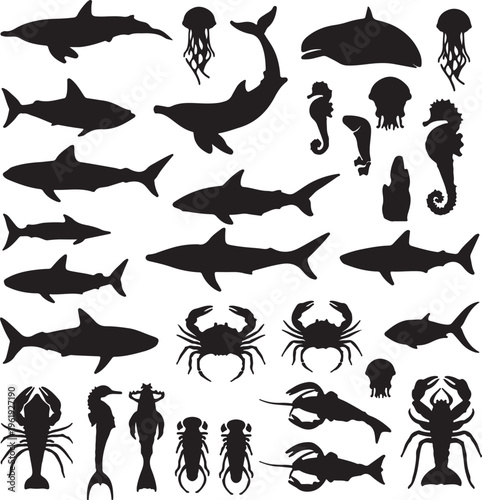 Collection of ocean creatures and sea animals black silhouettes