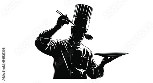 Skilled chef in silhouette artfully prepares a dish with chopsticks and spoon.