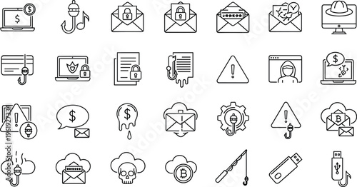 Phishing and cybersecurity threat outline icon set featuring hacked email fraud alerts malware protection warning editable minimal vector collection