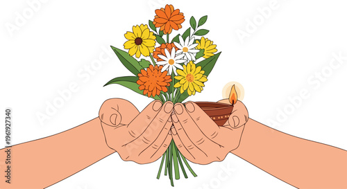Illustration of two hands holding a brown bowl with a lit candle and a bouquet of orange, yellow, and white flowers against a clean white background, symbolizing Tamil New Year.
