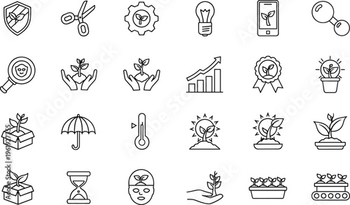 Plant growth and sustainability outline icon set featuring seedlings protection climate care eco progress editable minimal vector collection