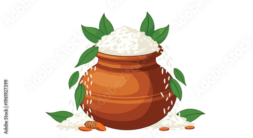 Illustration of a traditional clay pot filled with rice and surrounded by green leaves on a white background, symbolizing the Tamil New Year celebration.