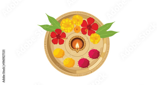 Traditional Indian puja thali with lit diya, flowers, and rangoli on a decorative plate, symbolizing Tamil New Year celebrations with vibrant colors and festive elements.