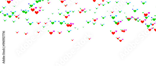 A vibrant scatter of colorful hearts across a white canvas