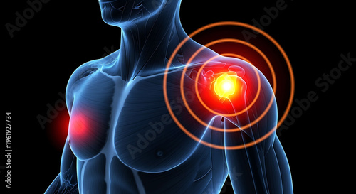 Human shoulder joint pain anatomy 3D illustration showing inflammation area