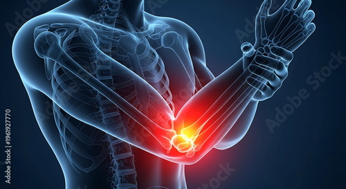 Human elbow joint pain and anatomy with glowing red inflammation 3D illustration