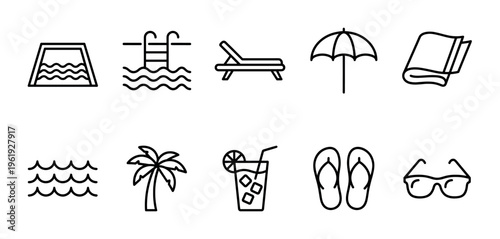 Collection of simple black line icons representing summer vacation elements such as swimming pools, beach chairs, umbrellas, palm trees, and sunglasses.