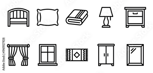 A clean, line art illustration showcasing essential bedroom furniture icons, perfect for interior design, web, or app use.